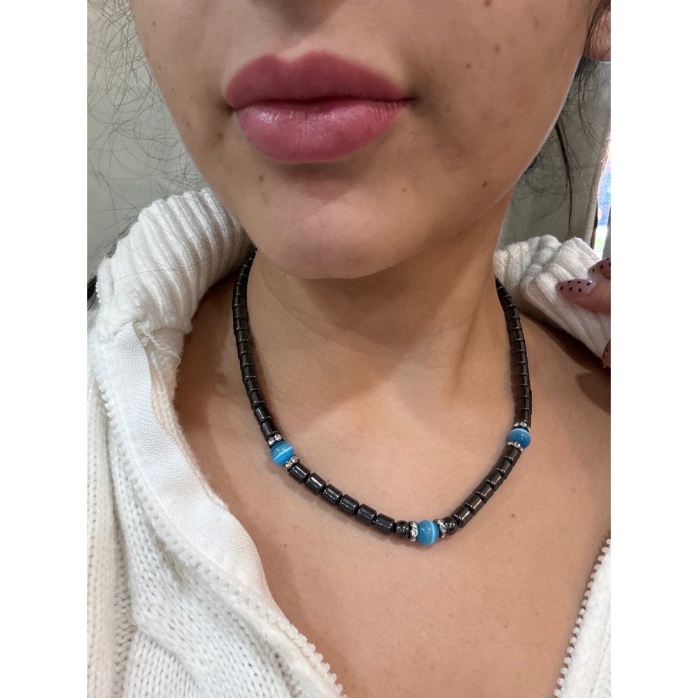 1-Beaded Necklace Women OS Blue Excellent Gunmetal Cylinder Rhinestone